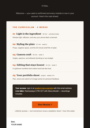 Course Welcome – Food Photography email design preview