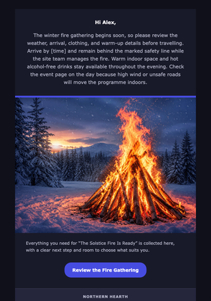 The Solstice Fire Is Ready email design preview