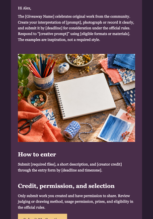 Community Creation Giveaway email design preview