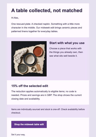 Midweek Table Edit Sale email design preview