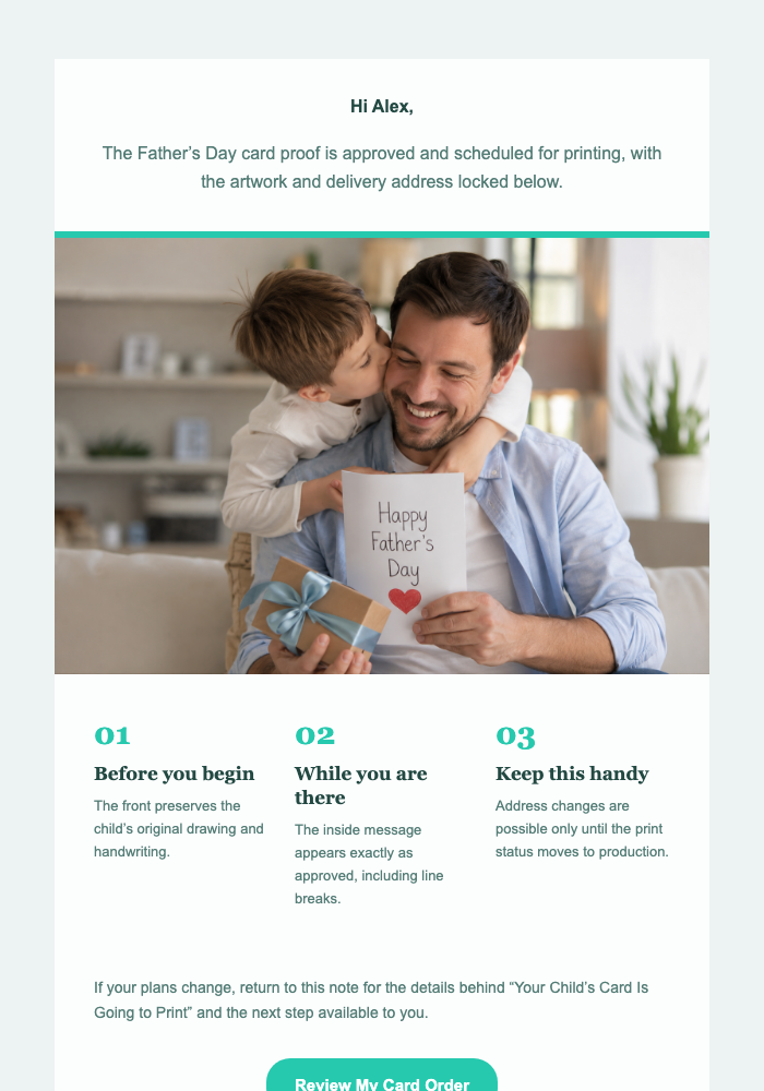 Your Child’s Card Is Going to Print email design preview