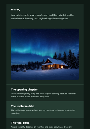 Your Cabin Under the Northern Lights email design preview