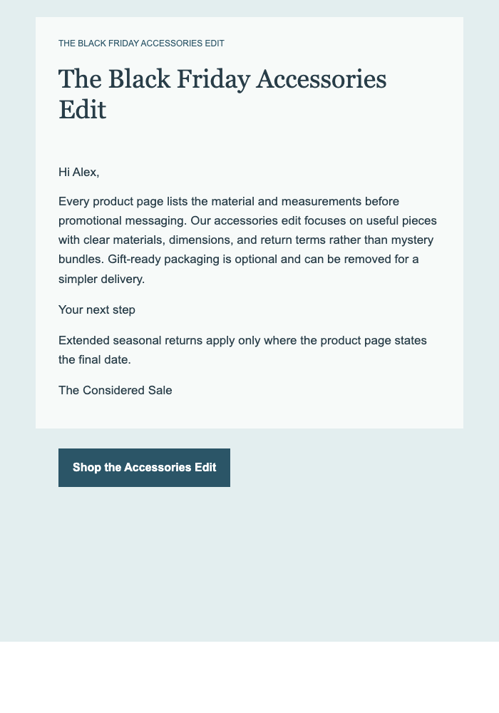 The Black Friday Accessories Edit email design preview
