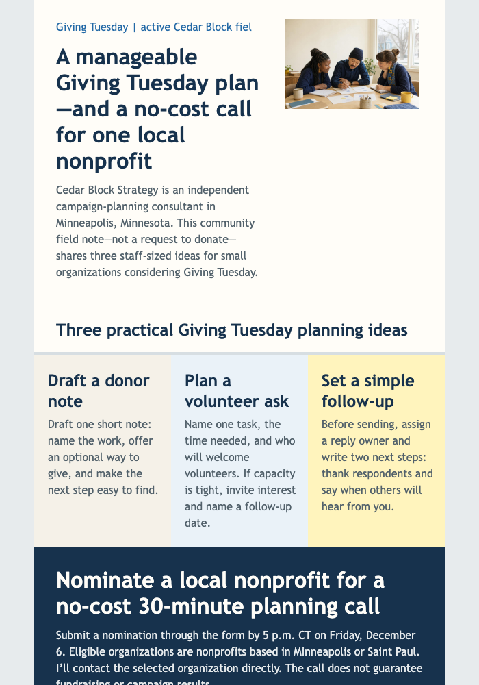 Giving Tuesday Field Note email design preview