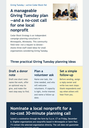 Giving Tuesday Field Note email design preview