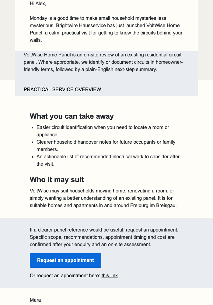VoltWise Service Launch Note email design preview