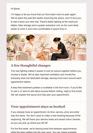 The Salon Room Reopens email design preview