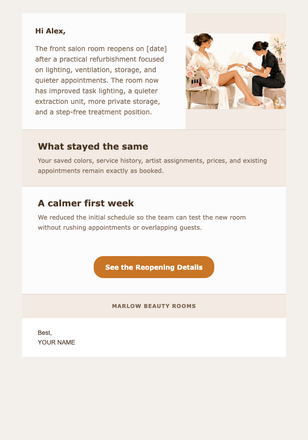 The Salon Room Reopens email design preview