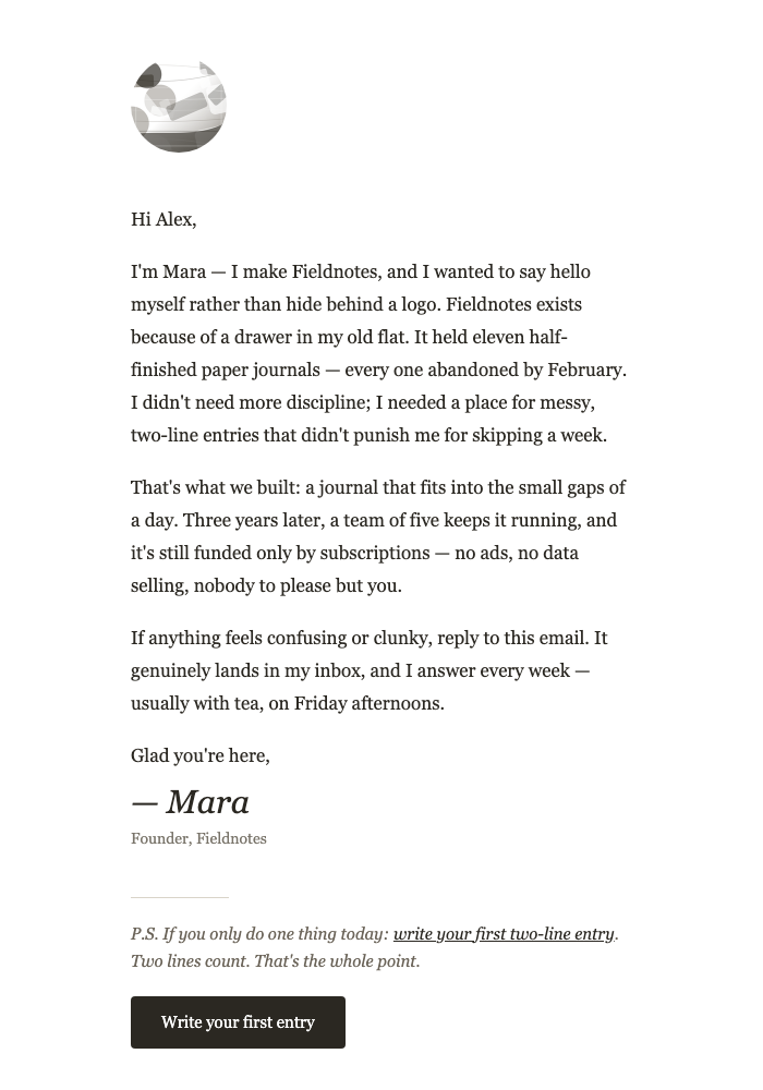 Founder Welcome – Fieldnotes email design preview