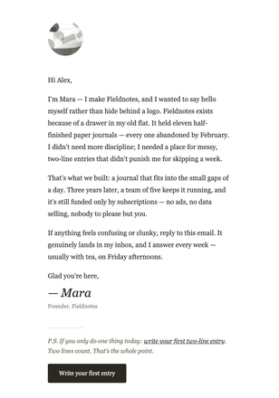Founder Welcome – Fieldnotes email design preview