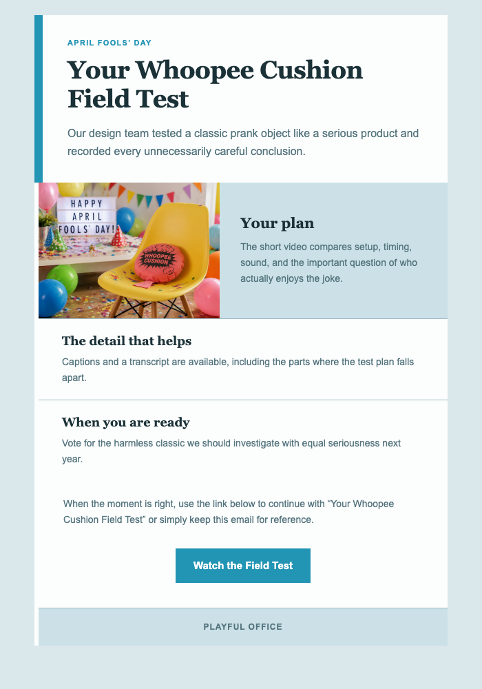 Your Whoopee Cushion Field Test email design preview