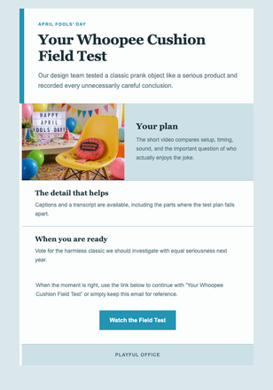 Your Whoopee Cushion Field Test email design preview