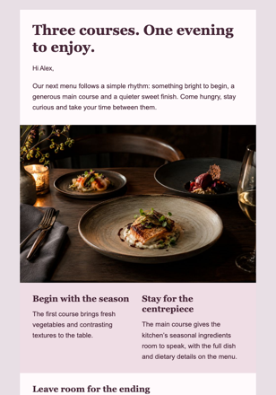 Three courses, three stories email design preview