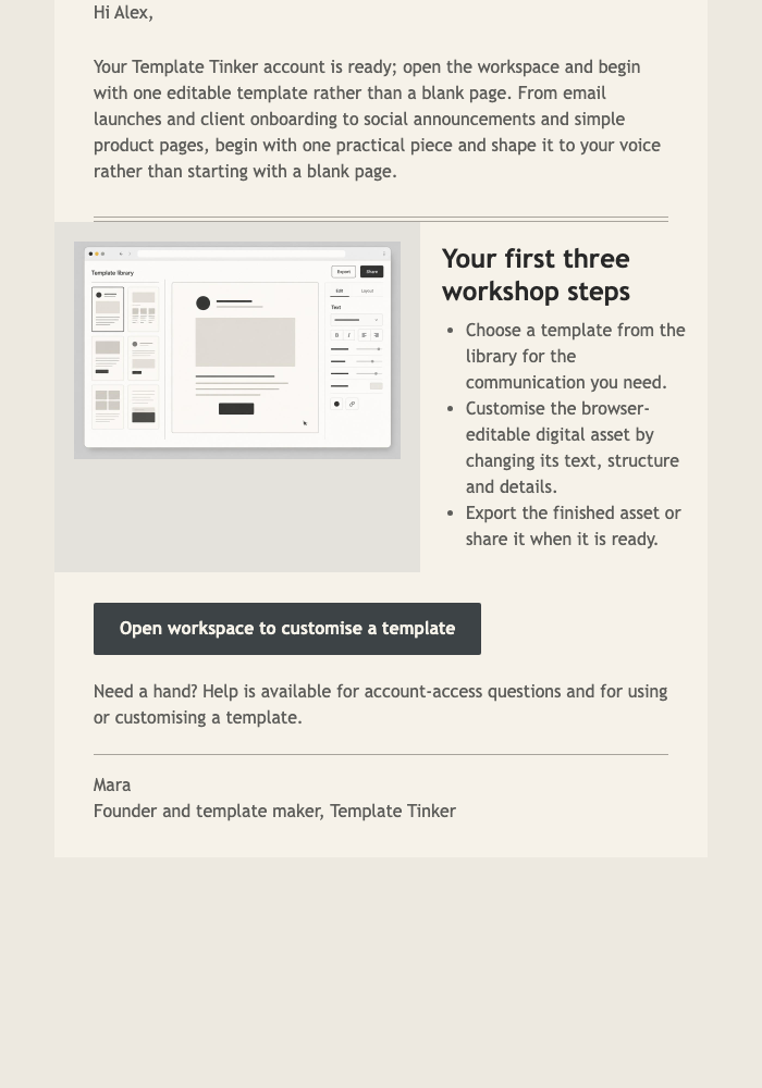 Workspace Welcome Note email design preview