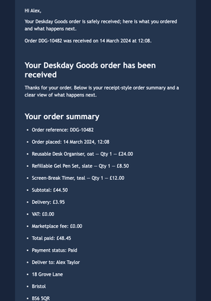Order Received: Calm Next Steps email design preview