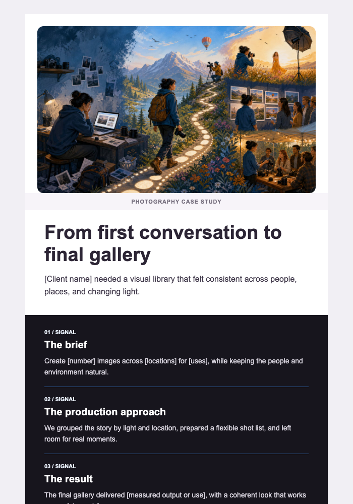 From Brief to Final Gallery — Photographers email design preview