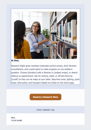 Library Research Night email design preview