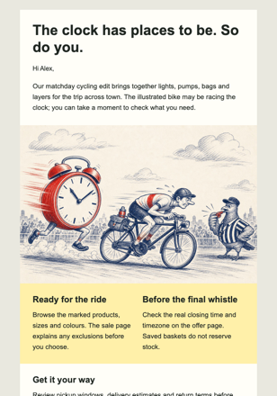 The Clock Is Chasing This Bike email design preview