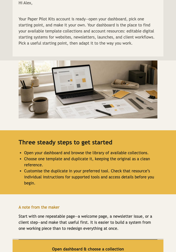 Maker Dashboard Welcome email design preview