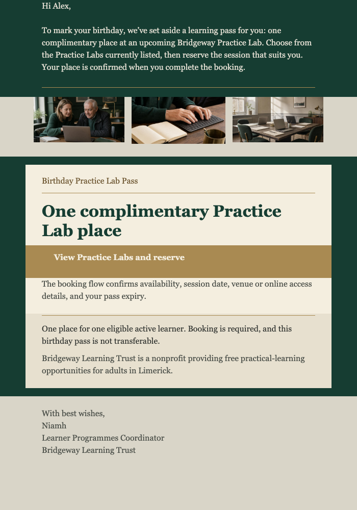 Birthday Practice Lab Pass email design preview
