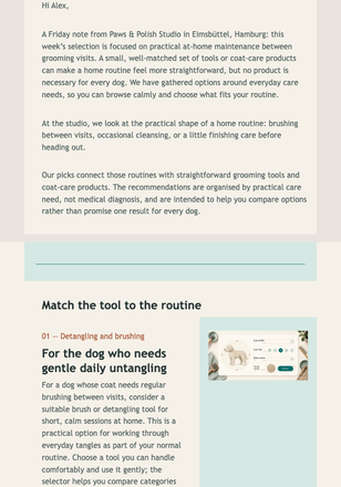 Between-Visit Coat Care Picks email design preview