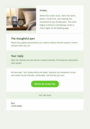 Your Sunday Alarms Are Ready email design preview
