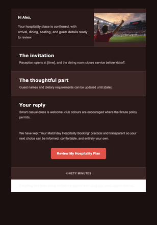 Your Matchday Hospitality Booking email design preview