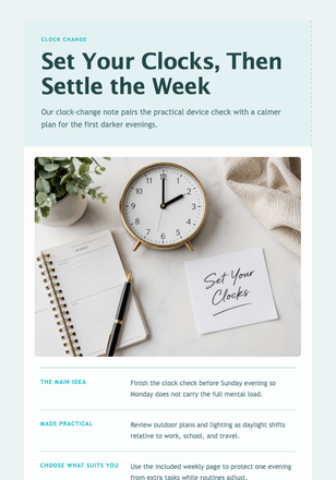 Set Your Clocks, Then Settle the Week email design preview