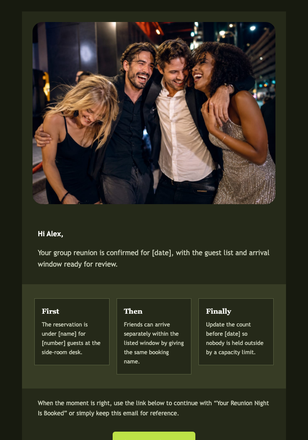 Your Reunion Night Is Booked email design preview