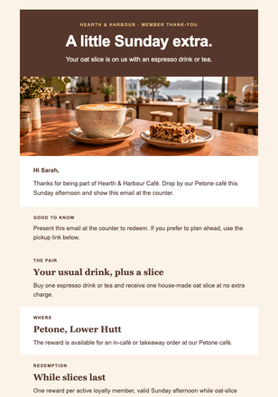 Sunday Café Member Reward email design preview