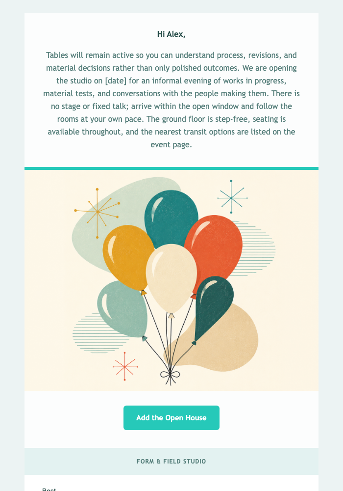 Studio Open House Invitation email design preview