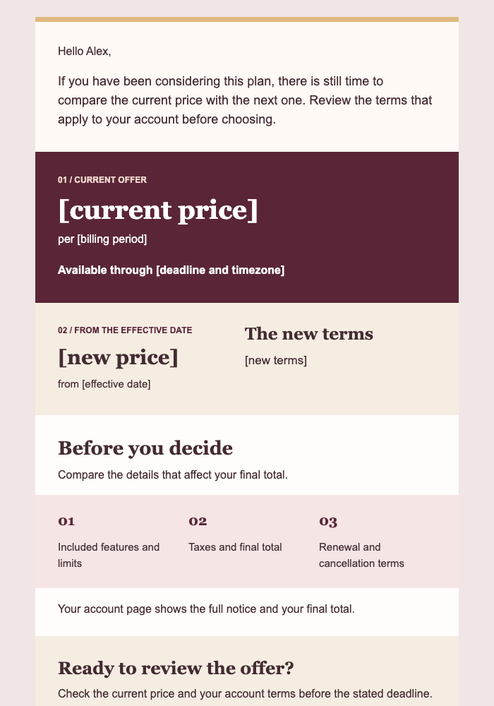 Final Window for the Current Price email design preview