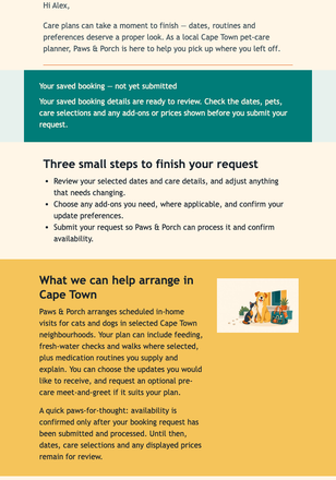 Resume Your Pet Care Booking email design preview