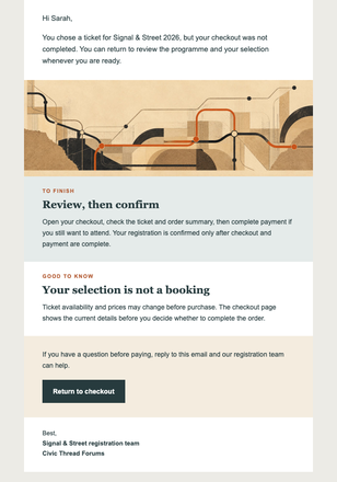 Return to Your Conference Checkout email design preview