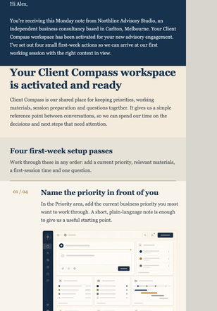Client Compass First Steps email design preview