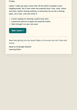 Your First Local Story Lesson email design preview