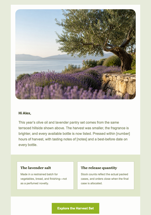 Olive and Lavender Harvest Release email design preview