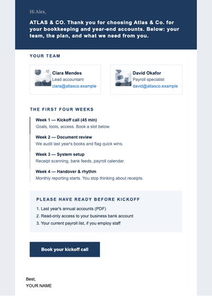 Client Onboarding email design preview