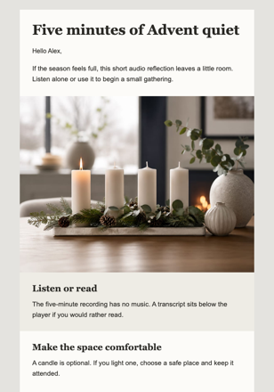A White-Candle Advent Pause email design preview