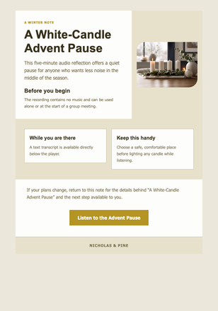 A White-Candle Advent Pause email design preview