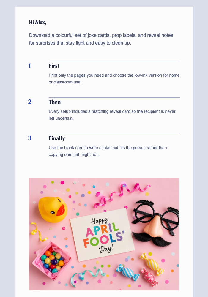 Your Printable April Fools’ Kit email design preview