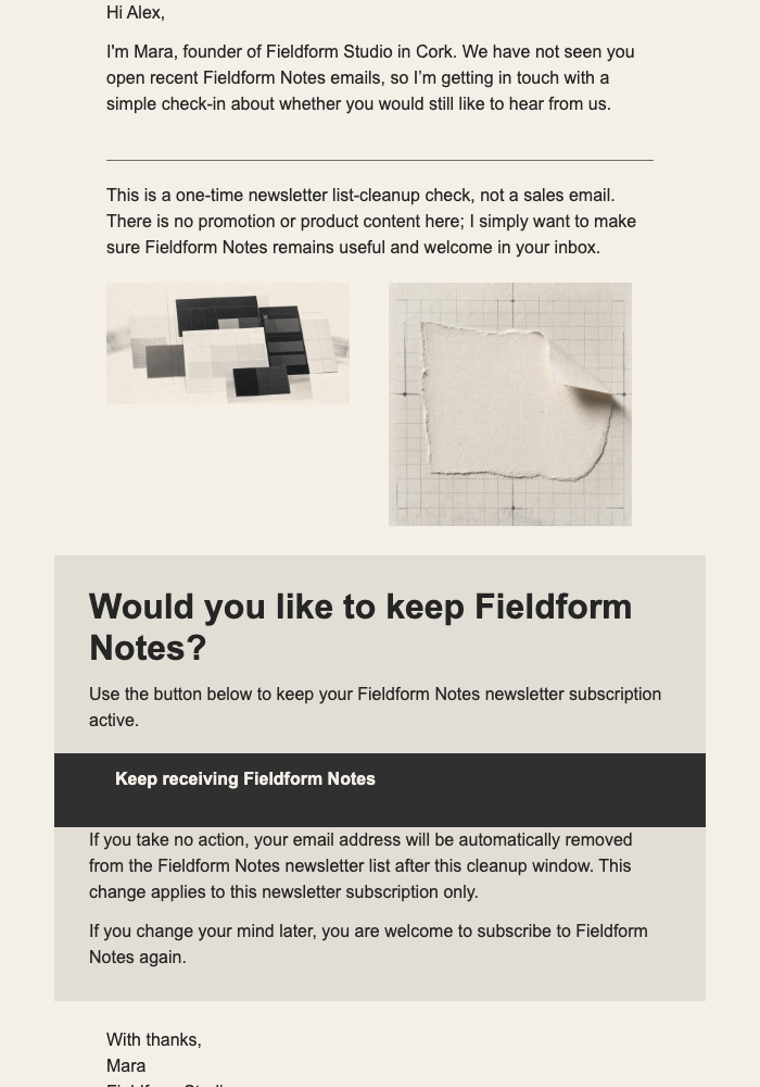 Keep Fieldform Notes email design preview