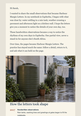 Founder Notes: Between Rain Tanks email design preview