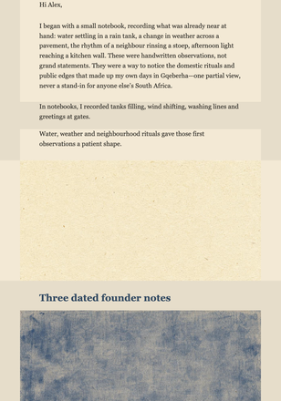 Founder Notes: Between Rain Tanks email design preview