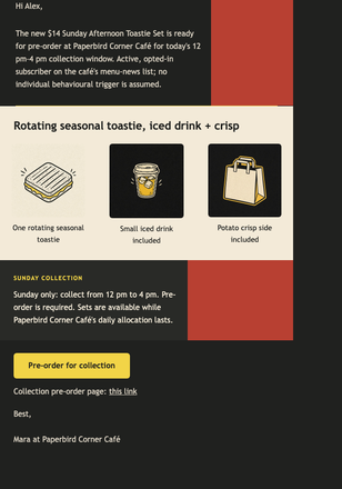 Sunday Toastie Set Launch email design preview