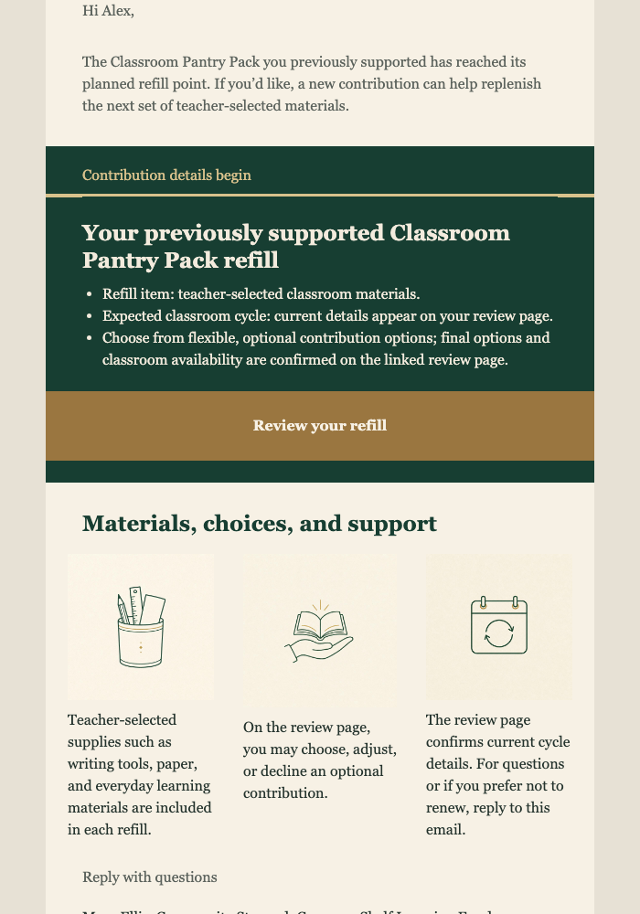 Classroom Pantry Refill Ticket email design preview