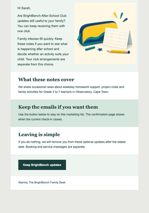 Keep BrightBench Updates email design preview