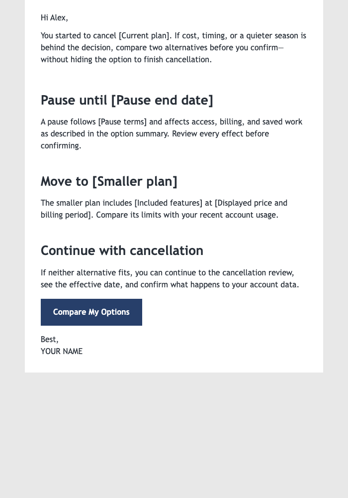 Cancellation Alternative with Pause or Smaller Plan email design preview