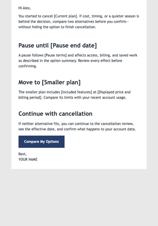 Cancellation Alternative with Pause or Smaller Plan email design preview