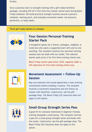 Black Friday Training Gift Guide email design preview